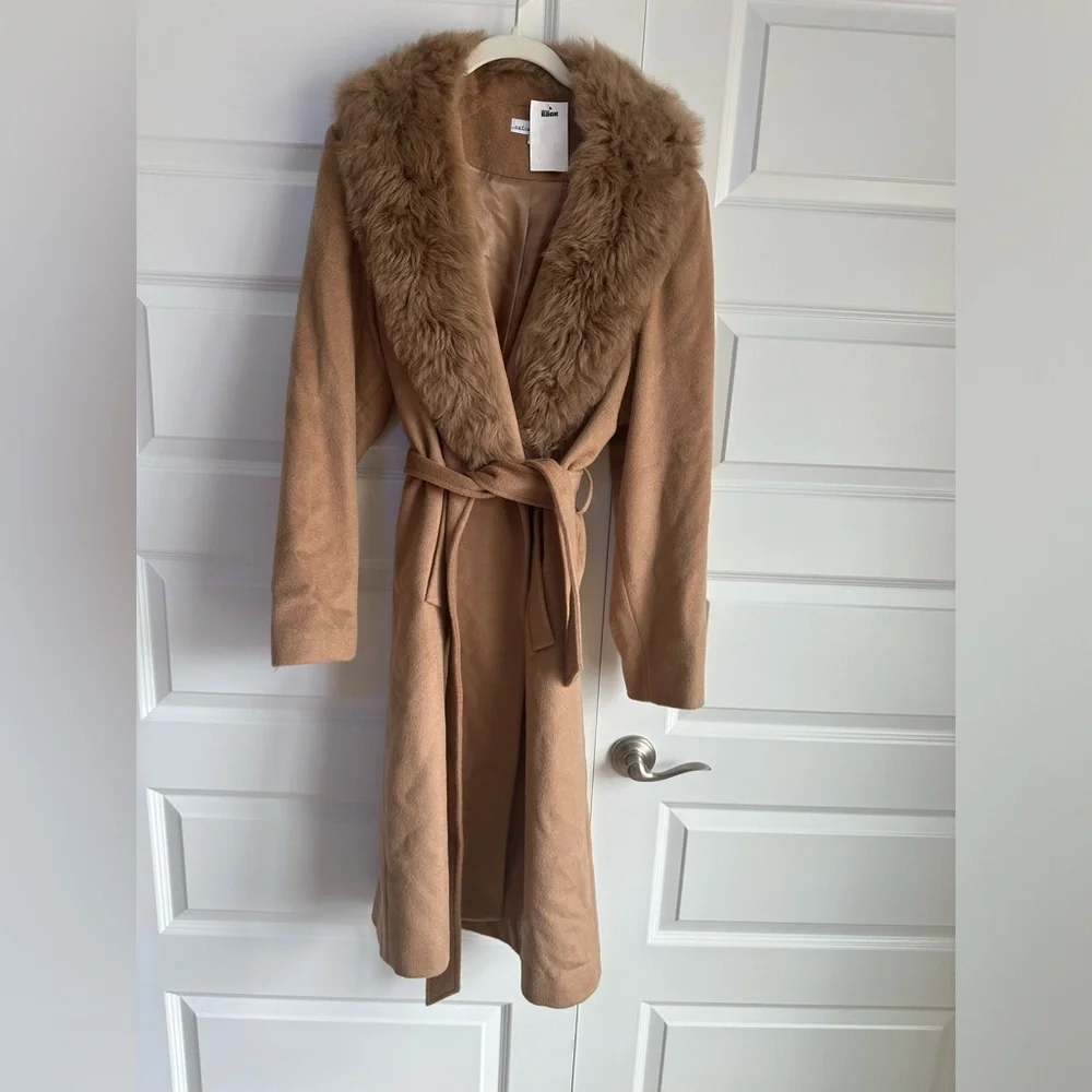 Sofia Cashmere Belted‎ Genuine Shearling Trim Coat NWT 14